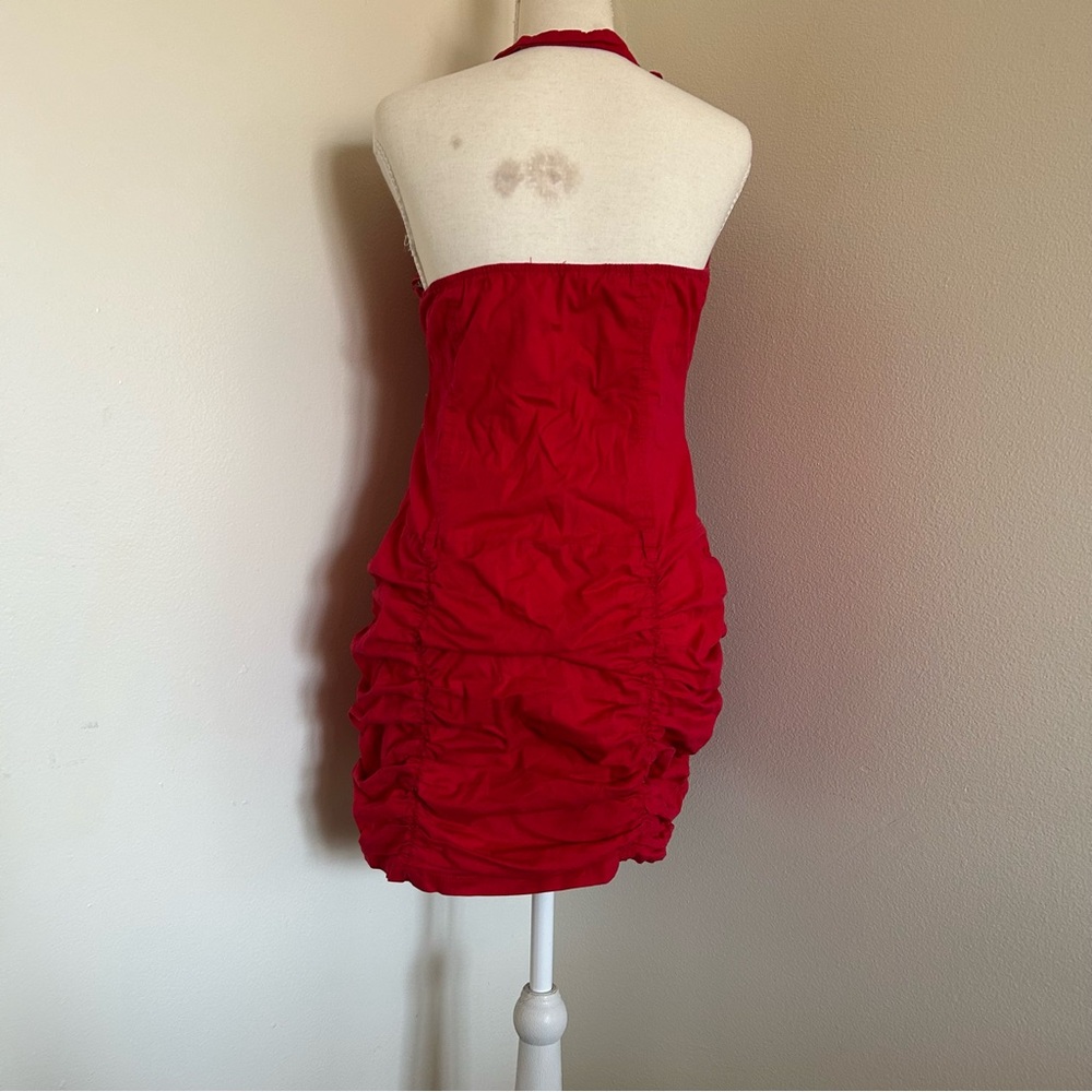 Red Ruffle Halter Mini Dress Ruched Bodycon Button Front - Picture 3 of 6
